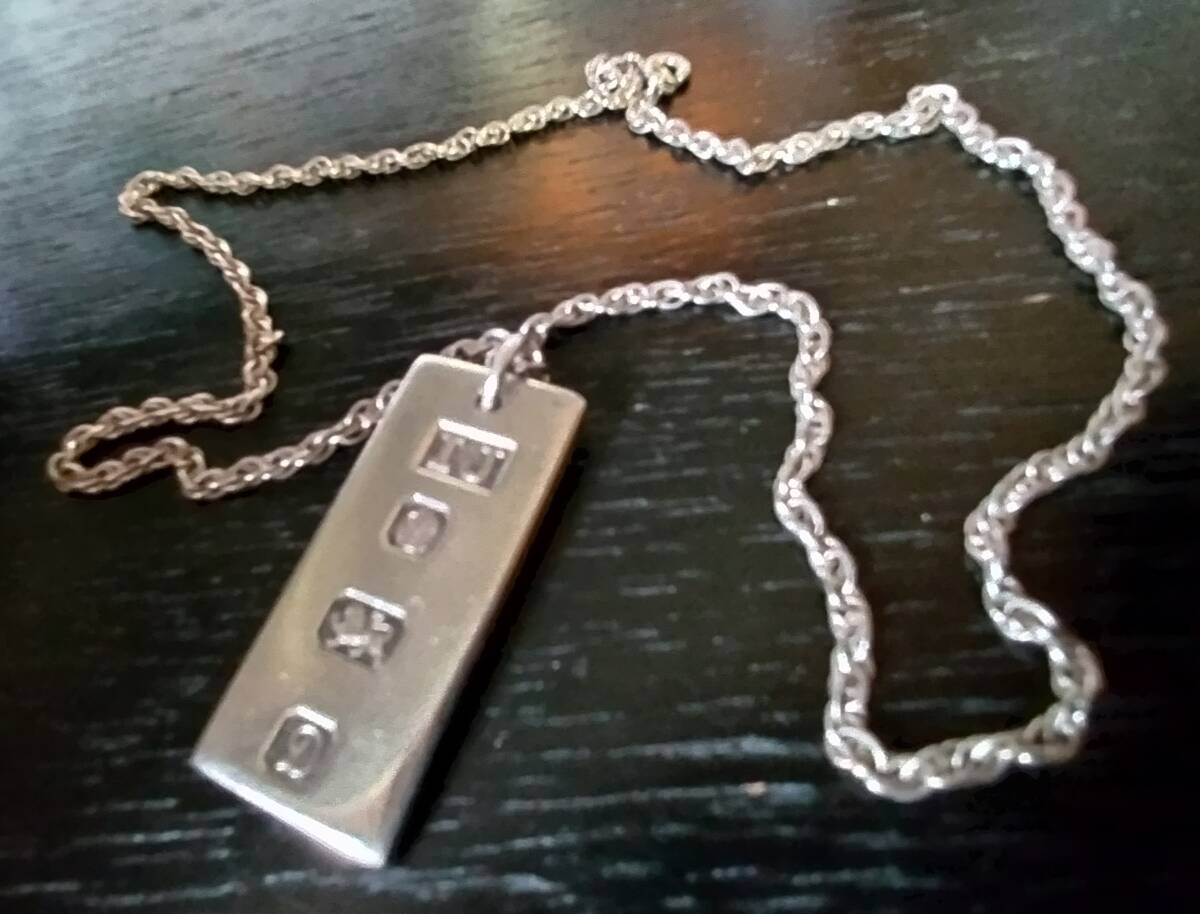 英国ビンテージ 純銀 925 シルバー インゴット ネックレス ペンダント チャーム フォブ チェーン ホールマーク 刻印テューダーローズ IJ⑧ 