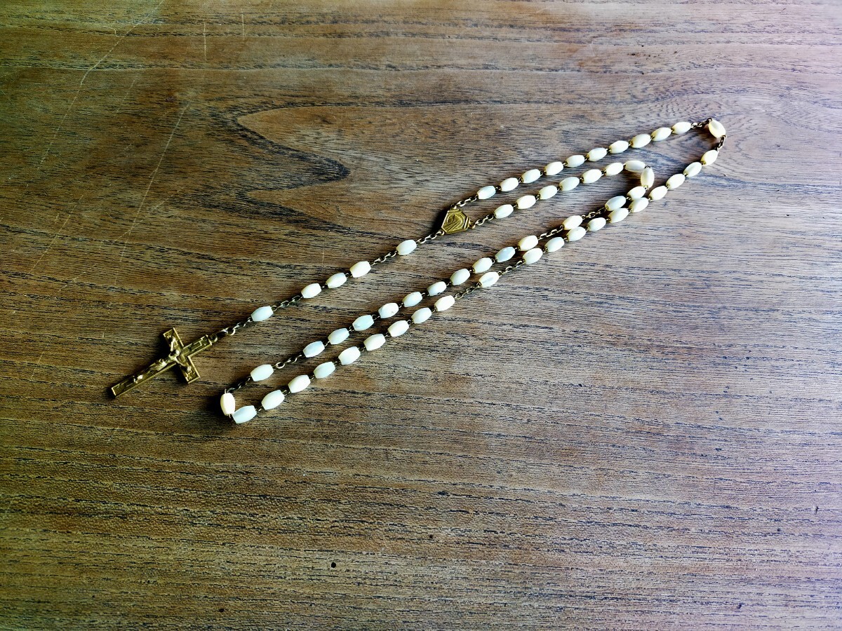★アンティーク品★ナックル ロザリオ クロス キリスト ネックレス ペンダントトップ フランス 白