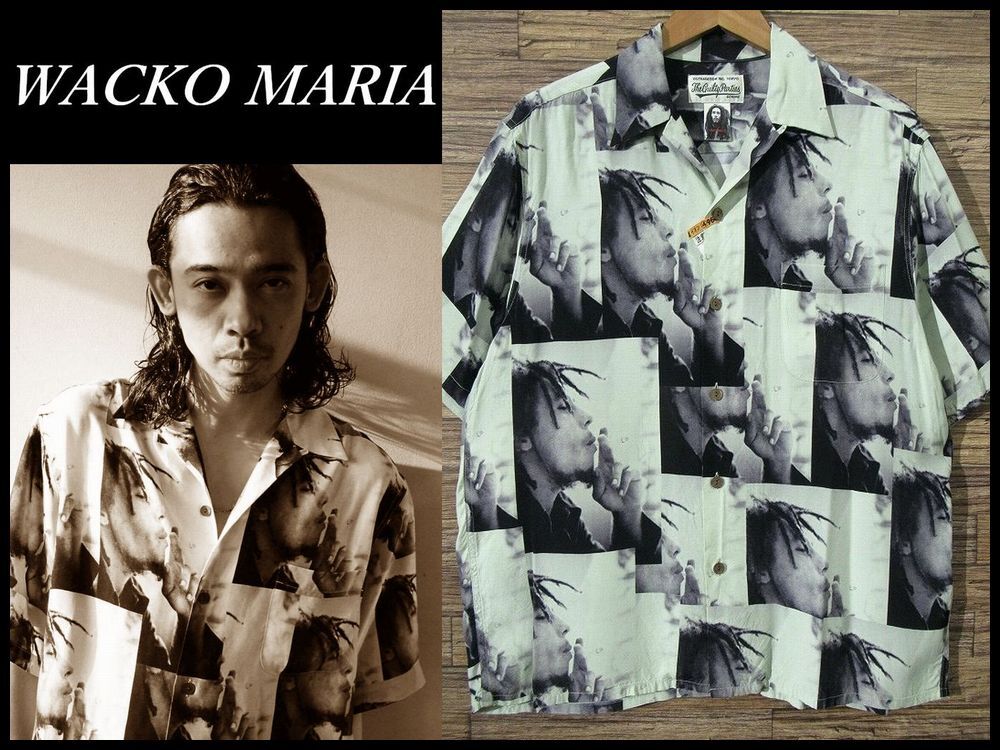 送無 クリーニング済 23SS WACKO MARIA ワコマリア × ボブマーリー コラボ 半袖 レーヨン 総柄 ハワイアン アロハ シャツ ライトグリーン