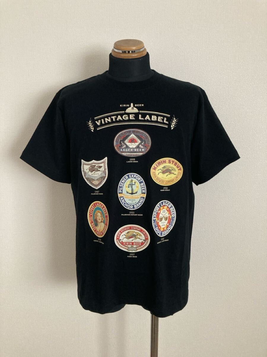 【KIRIN BEER】Tシャツ M 歴代ラベル柄 VINTAGE LABEL 麒麟麦酒 キリンビール 昭和レトロ風 居酒屋 飲食店など 未使用 非売品 ブラック