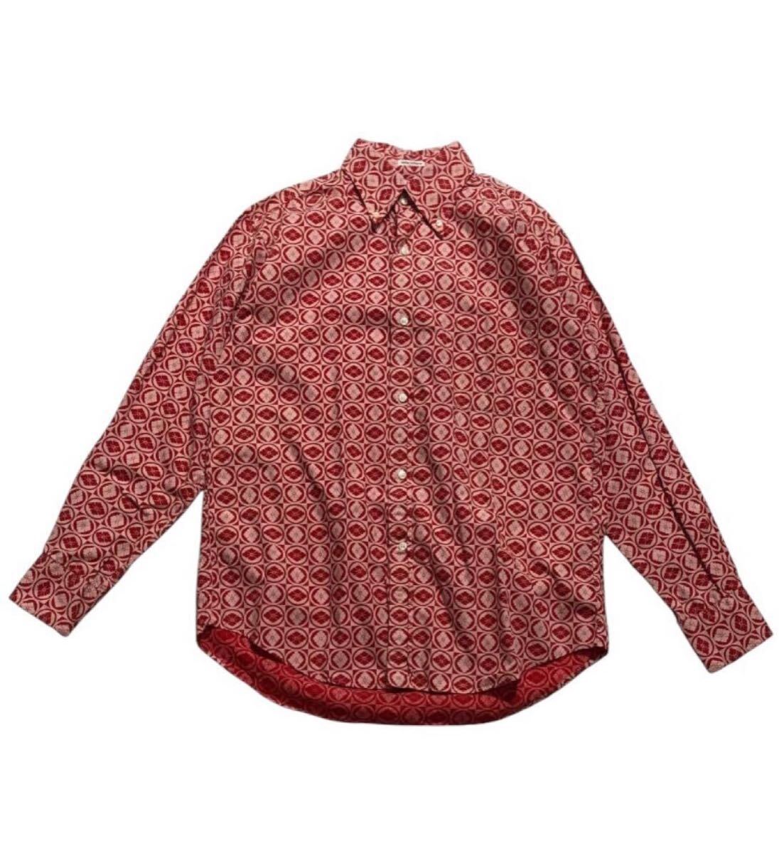 送料無料 ■ EVISU エヴィス ■ 家紋 総柄 長袖 コットン ボタンダウン シャツ レッド系 38