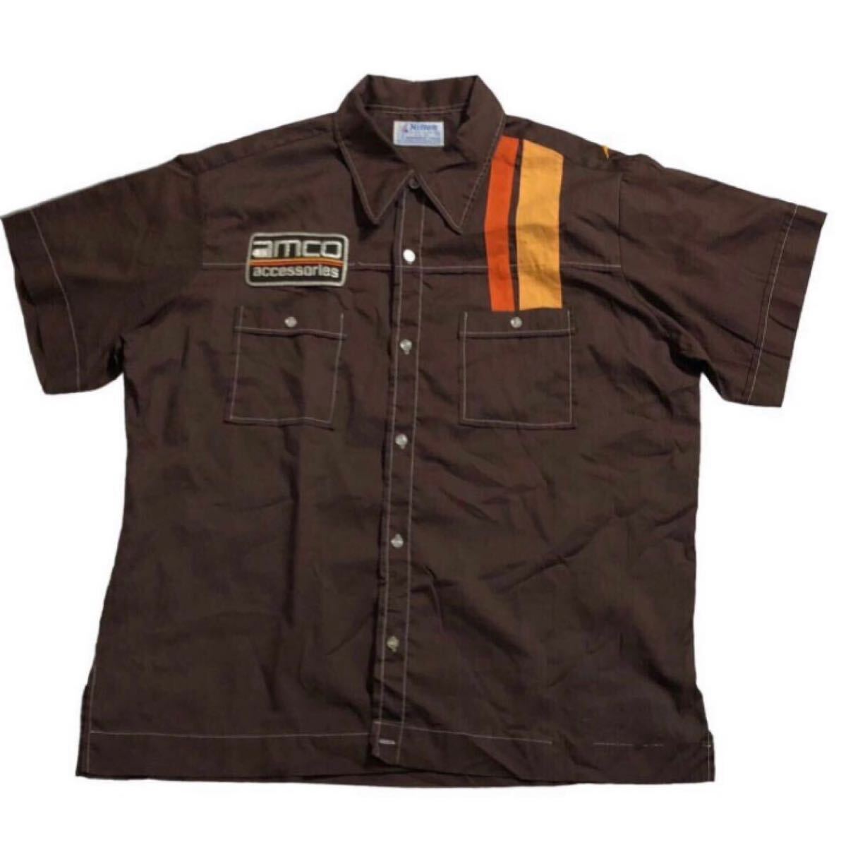 送料無料 希少 70s ヴィンテージ USA製 ■ Hilton ヒルトン ■ ロゴ ワッペン 刺繍 半袖 ボーリングシャツ ブラウン L