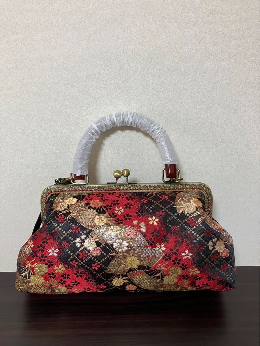 アンズルーム★和美★2WAY がま口バッグ★金襴★ハンドバッグ★ショルダー★赤　扇