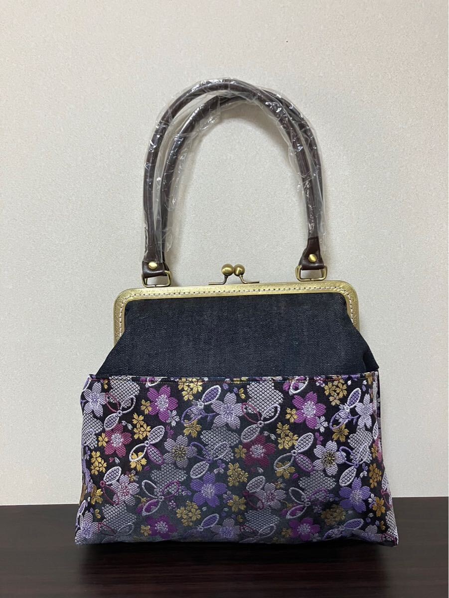 アンズルーム★がま口バッグ★金襴★ハンドバッグ★ショルダー★デニム★紫　花