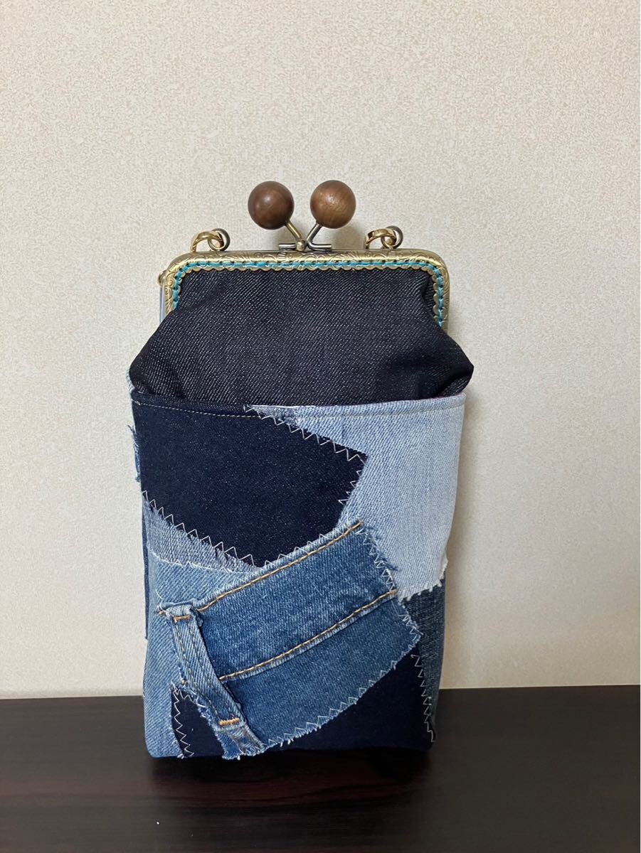アンズルーム★がま口ポーチ★がま口サコッシュ★スマホポーチ★デニムパッチワークd