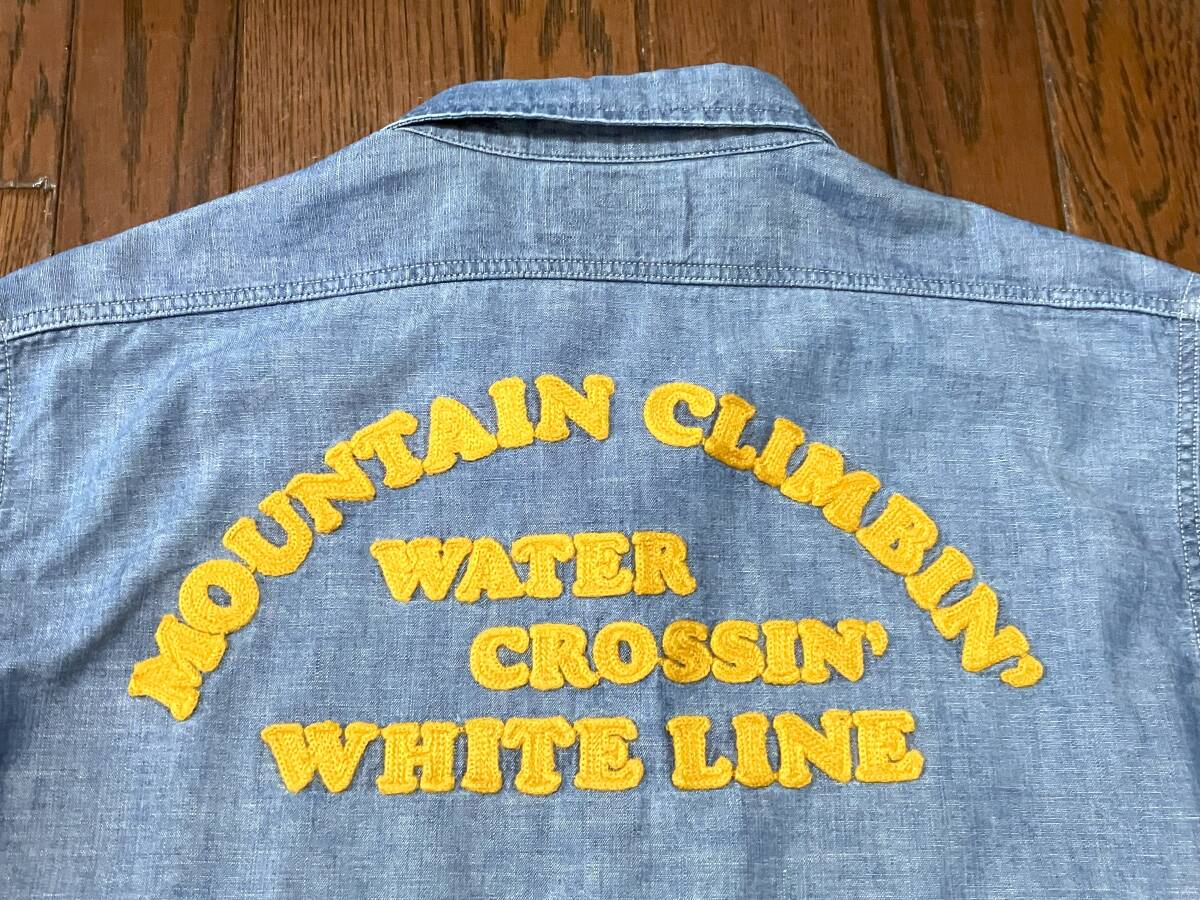 ホワイトライン WHITE LINE マチ付き ビンテージ スタイル ブルー シャンブレーシャツ 46 ワーク チェーンステッチ 刺繍 日本製