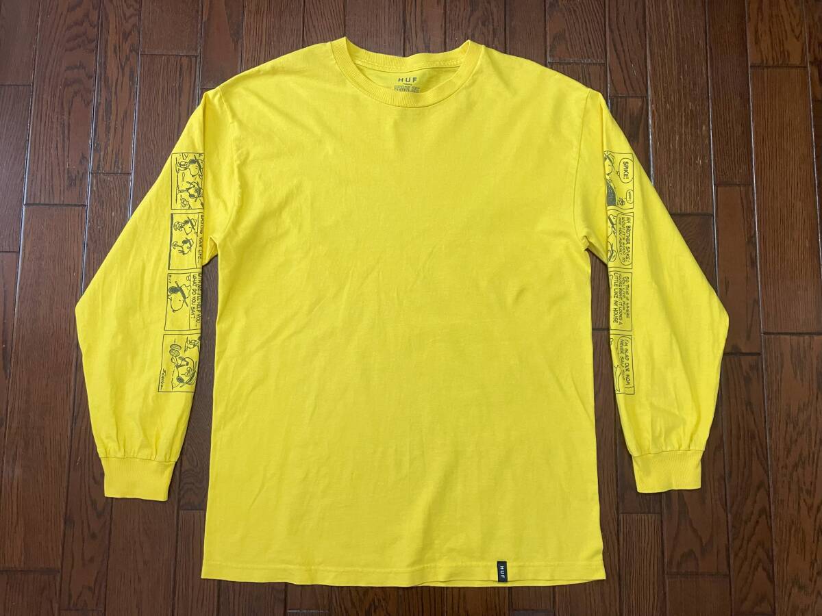 HUF ハフ × PEANUTS ピーナッツ コラボ SNOOPY スヌーピー 長袖 Tシャツ L 黄色 イエロー 袖プリ ロンT キャラクター