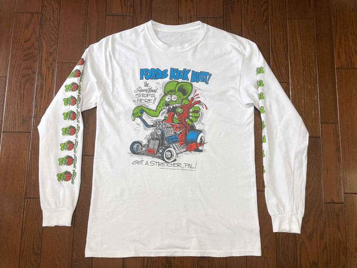 ラットフィンク RATFINK 長袖 Ｔシャツ 白 ホワイト ロンＴ 袖プリ FORDS KICK BUTT！ エドロス ホットロッド HOTROD ロウブロウ