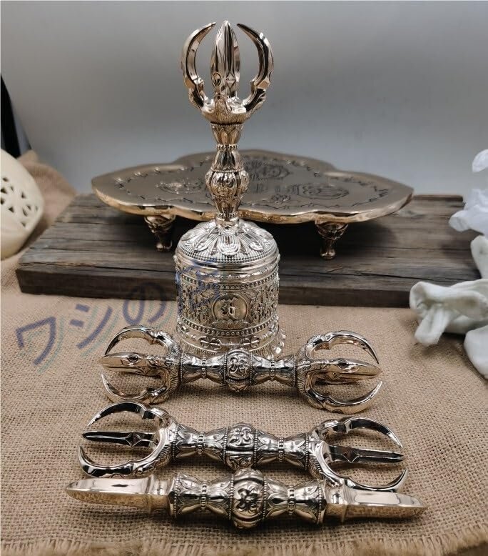 大々型 鬼面/独鈷杵/三鈷杵/五鈷杵 /金剛鈴 /金剛盤 /五点セット 密教法具 真鍮仏具加持祈祷 護摩 寺院