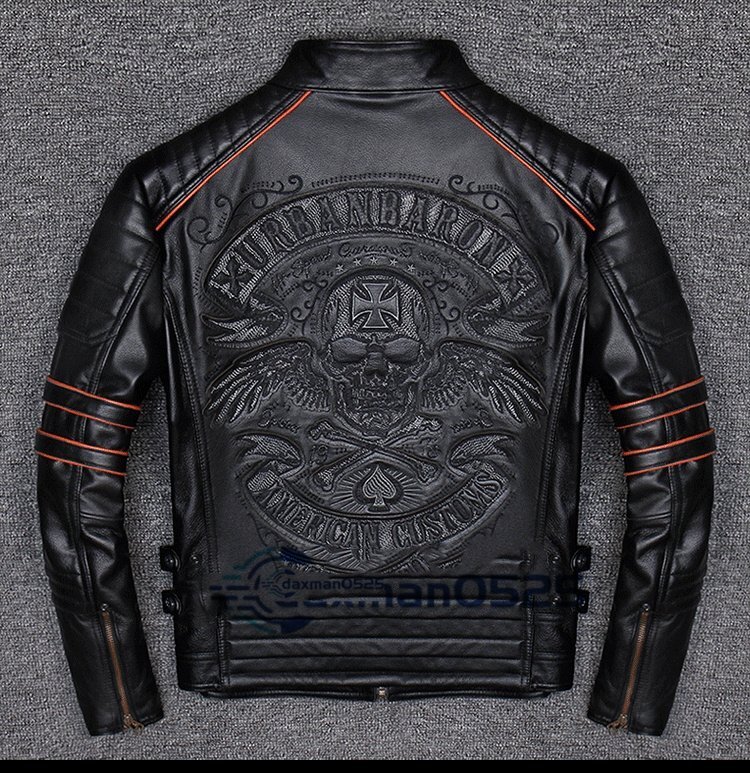 新品未使用 Cowhide高品質カウハイドジャケットどくろ図案 牛革 立襟ハーレー本革ライダース 防風コートアンチーク