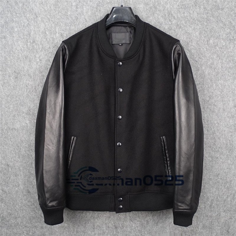 メンズ スタジャン上質羊革袖・ウール切替 ファッション レザージャケット スタジアムジャンパー XXLサイズ