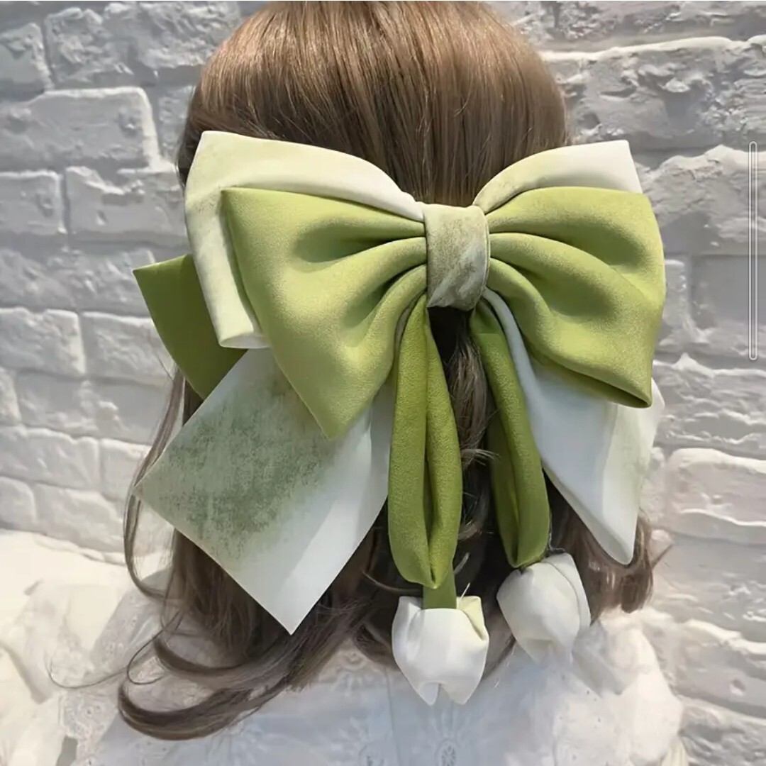 半額SALE 緑 BIGリボンバレッタ ボウタイヘアピン　シングルピース　チューリップ　髪飾り　ヘアアクセサリー　着物　浴衣　ビッグ　大きい