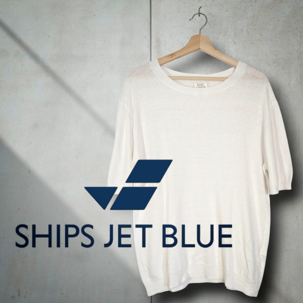 SHIPS JET BLUE ホワイト/白 半袖クルーネックカットソー リネン ニット