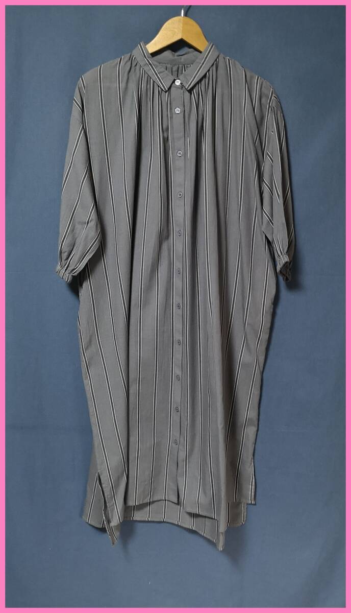 WH‐３３３‐２☆☆春夏秋☆新品☆送料込み☆即決☆ナチュラル系☆薄手のインド綿☆Ｍ～Ｌサイズ☆ワンピース☆グレー系☆ストライプ