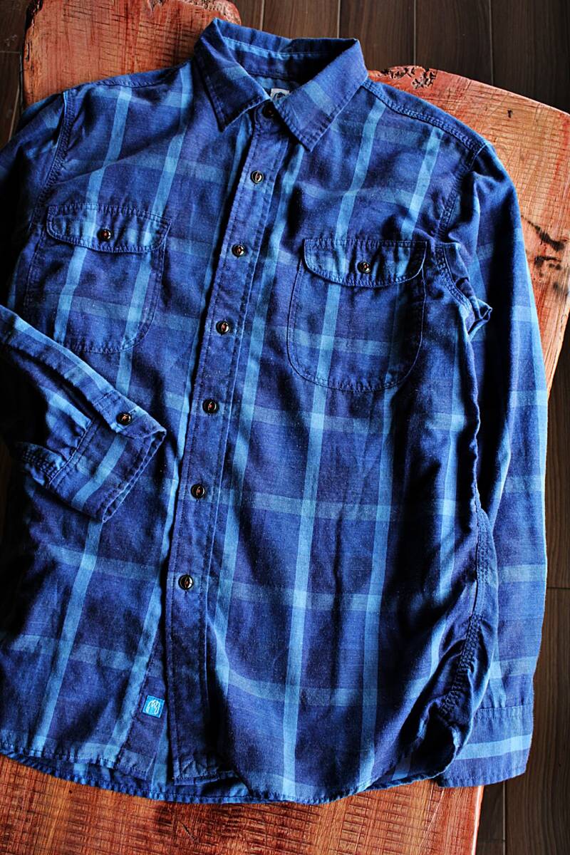 KATO SHIRTS★/　チェック長袖シャツM ブルー×ネイビー★風合いと着心地★美品