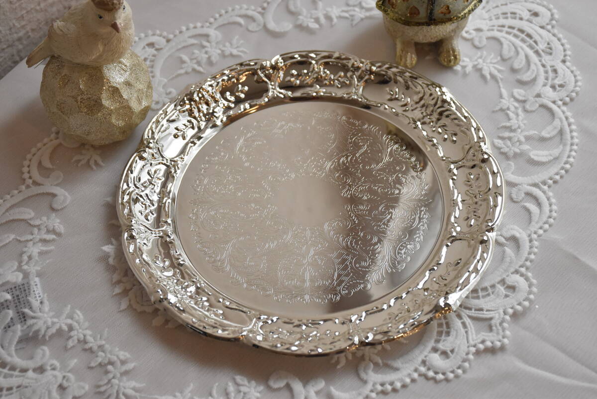 HA1*条件付き送料無料も有！シルバートレイ*プレート*ラウンド*トレー*直径21㎝* アラベスク*ジュエリートレイ*小物トレー*アンティーク調