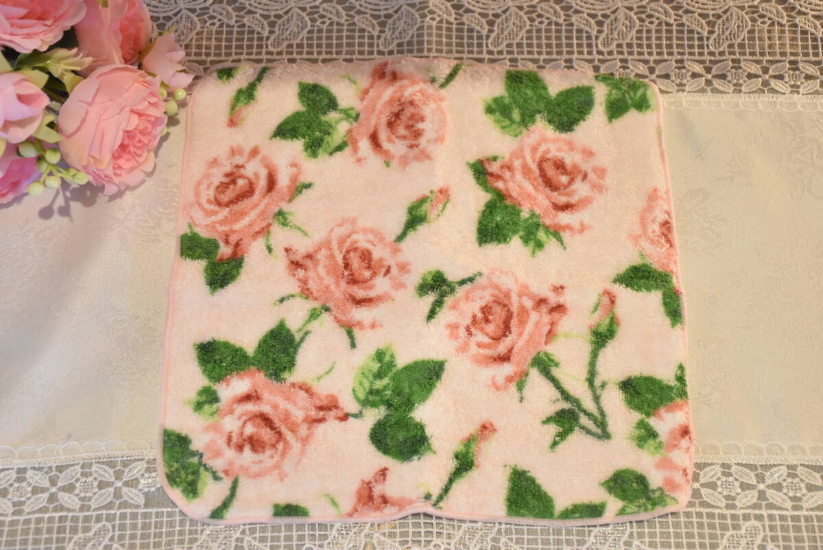 C・LE2-5*条件付き送料無料も有！*タオルハンカチ*ジェリカ*ピンク*24×24*綿100％*日本製*肌に優しい*エレガント*バラ*厚地*プレゼント