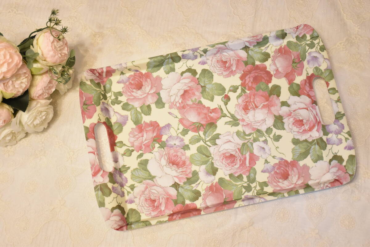 PAY1*MR・SU1-2*メラミントレー*ローズ*イエロー*手付きトレイ*Lサイズ*大柄*丈夫*軽量*お盆*おしゃれ*可愛い*薔薇*マット加工*滑りにくい