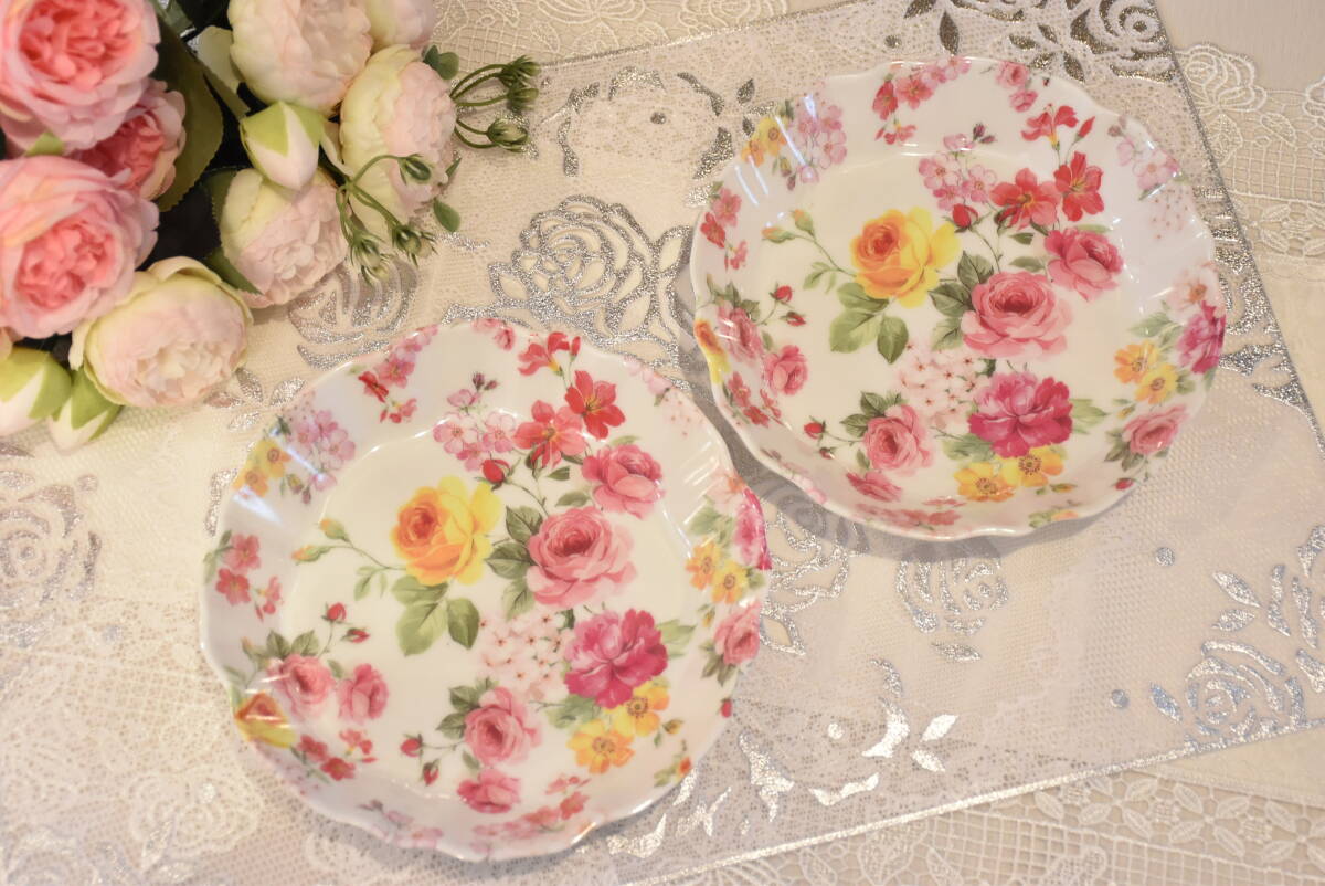 MR・SU3-2*条件付き送料無料も有!*メラミン製*ラウンドトレイ*2枚セット*ピンクバラ*菓子器*おもてなし*軽量*丈夫*軽食用*波形*トレー