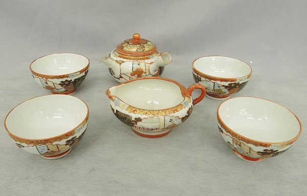 九谷焼 茶器4客セット 金彩赤絵 宮中図 茶器 湯呑 湯冷まし 急須 レトロ ヴィンテージ KUTANI WARE Japanese Green tea set 中古品