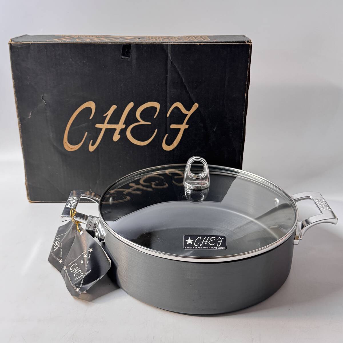 【62477Q】未使用 東京アルミニウム CHEF シェフ CASSEROLE キャセロール 26㎝ ガラス蓋付き浅型両手鍋 3.9L 経年保管品 現状品