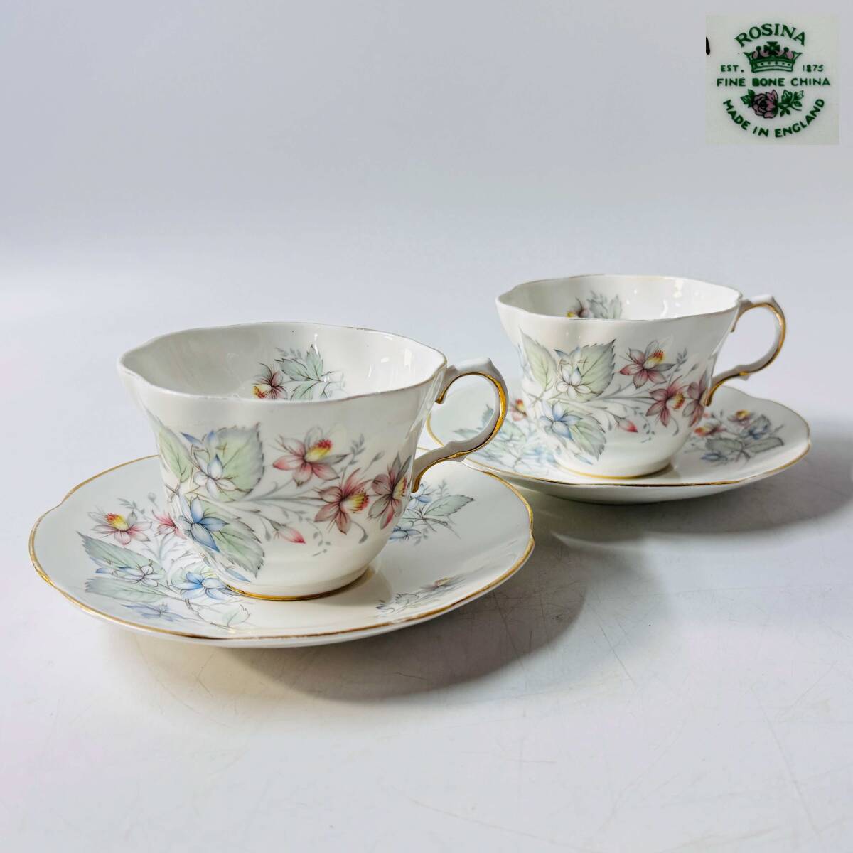 【62482Q】ROSINA ロジーナ 英国製 カップ&ソーサー ペア FINE BONE CHINA フラワーモチーフ 輪花 経年保管品 現状品