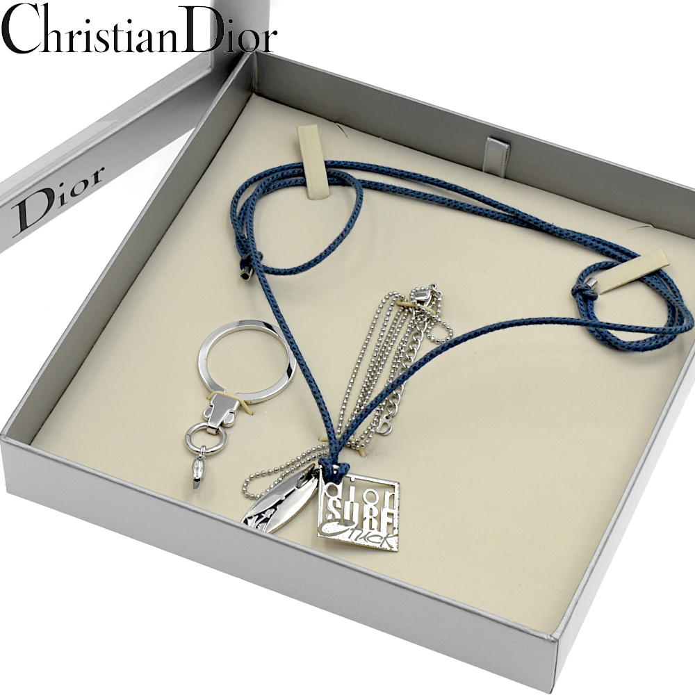 【A02454】Christian Dior クリスチャンディオール サーフボード ロゴ ネックレス キーホルダー セット 青×シルバー