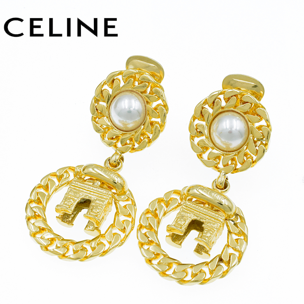 【A02399】CELINE セリーヌ フェイクパール×凱旋門 ラウンド ヴィンテージ イヤリング ゴールド
