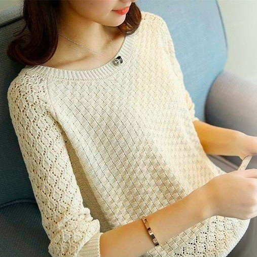 新品 サマーニット 春 夏 七分袖 レース 編み 可愛い 透け アイボリー aa353
