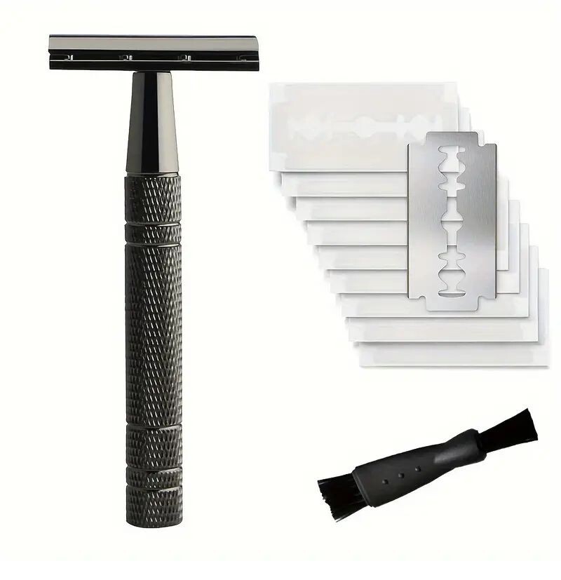 【両刃カミソリ】定番ホルダー《ブロンズ》シェービング★ひげ剃り●ギフトにも★替刃・掃除ブラシ付