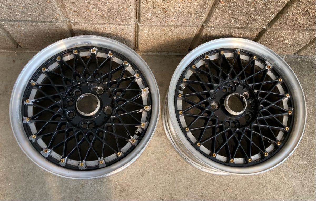 当時物 メッシュ 旧車 アルミホイール15インチ　6.5J 114.3 4穴　5穴　オフセット不明　ゴールドピアスボルト　2本セット