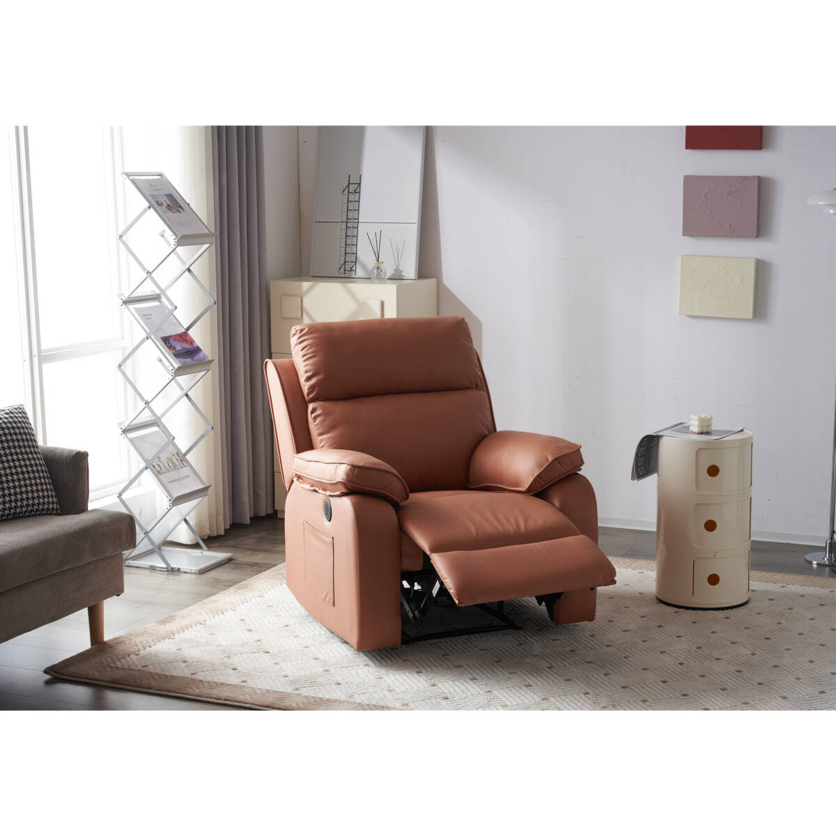 リクライニングソファー 電動リクライニングソファ オットマン一体型 1人掛け USBポート付き 電動ソファ モーションソファー 【キャメル】