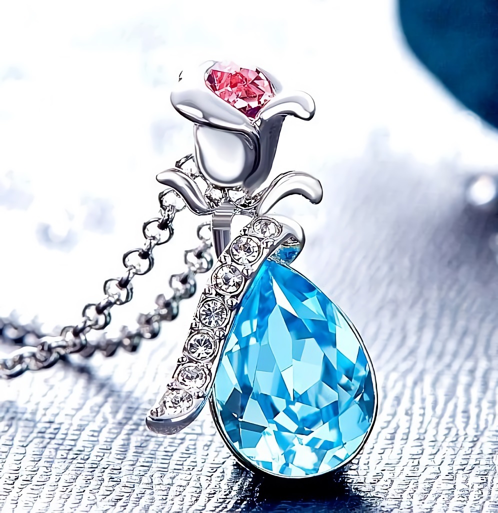 新品★送料無料★青い薔薇ブルートパーズ雫ダイヤ プラチナ仕上925シルバーネックレス 誕生日プレゼント旅行連休花見春ギフト国内発送