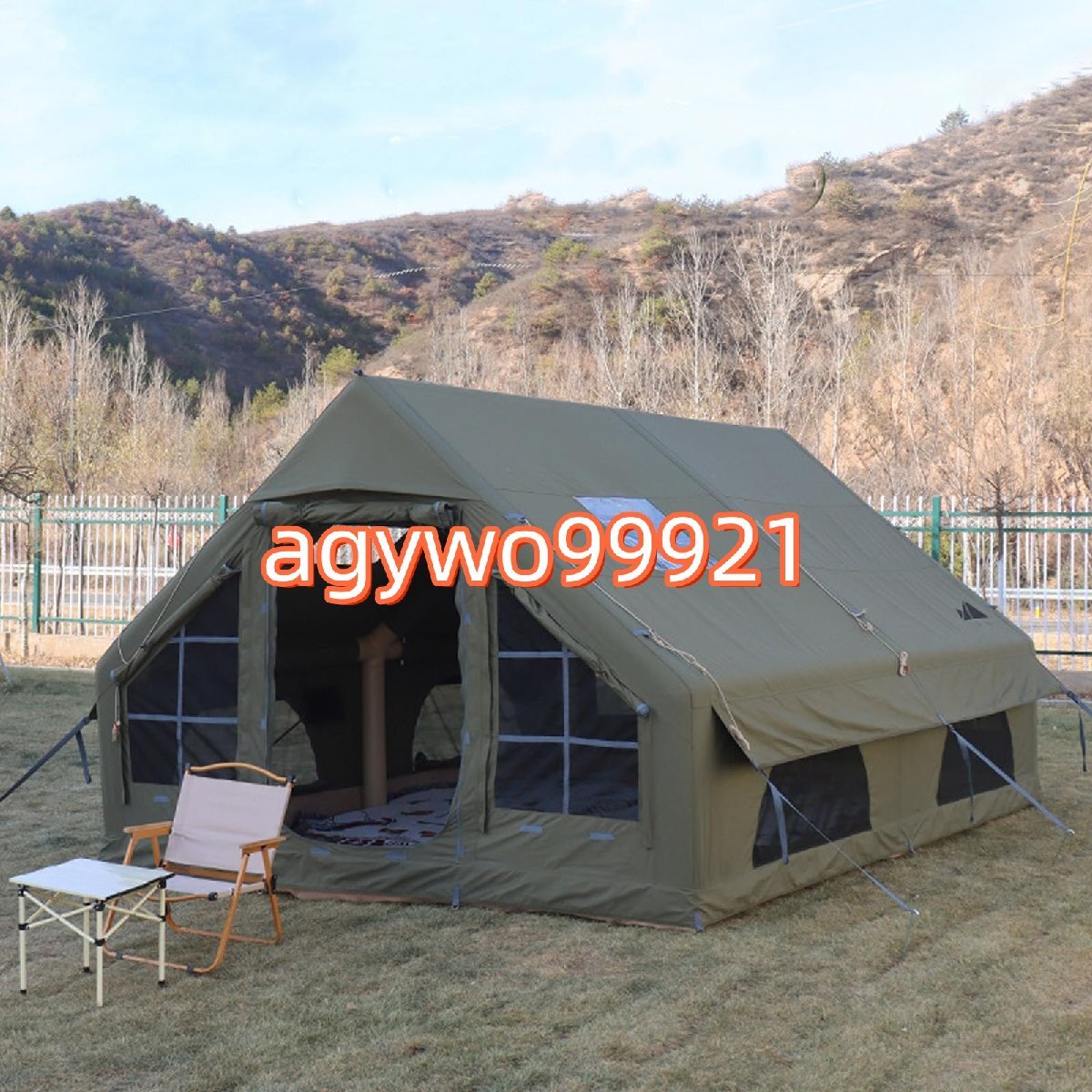 エアーテント 大型 2?6人用 インフレータブルテント 煙突穴付き ロッジテント 防水 4シーズン 設営簡単 収納袋・ペグ・空気入れ付き