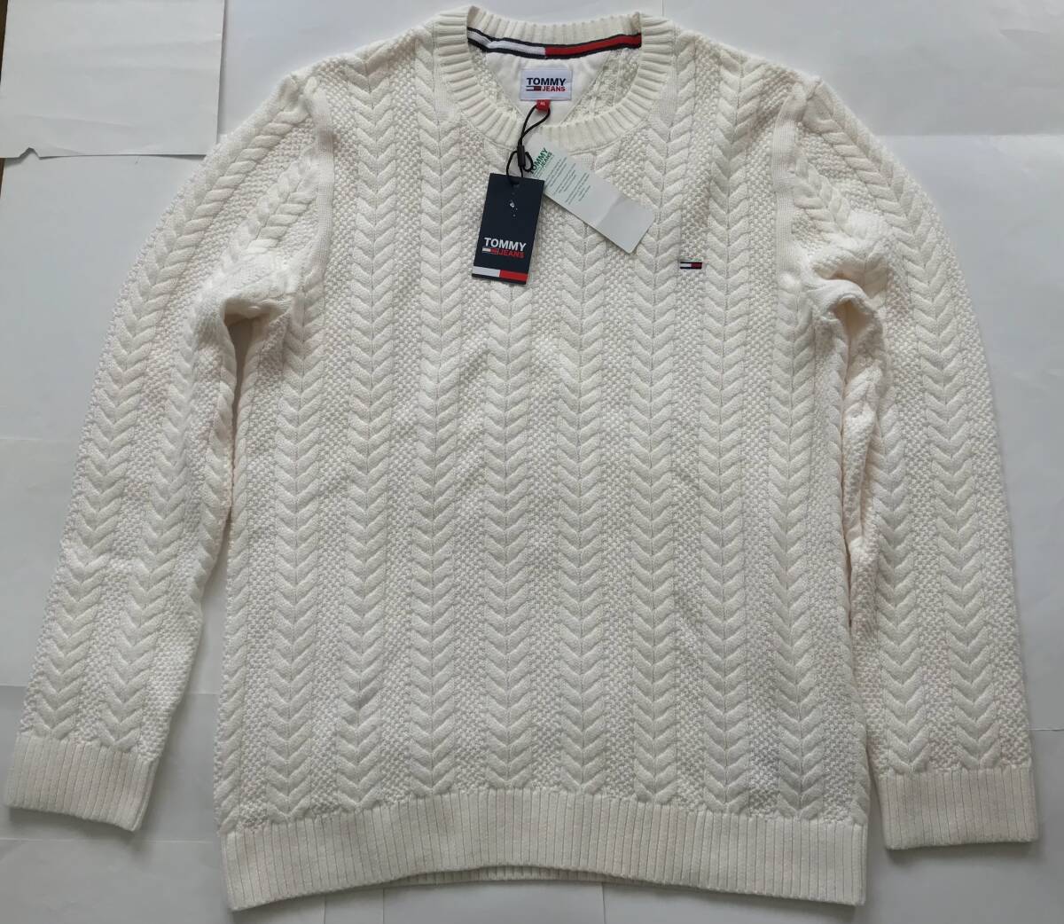 新品レア 39,000円★TOMMY HILFIGER★トミーヒルフィガー★TOMMY JEANS★トミージーンズ★sizeXL★綿100%★白ニットセーター★ケーブル編み
