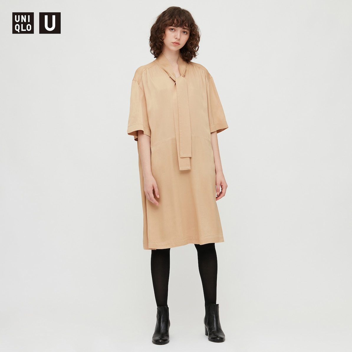 【新品・XXL・ベージュ】ユニクロ×ルメール■Uniqlo U ユニクロユー クレープボウタイワンピース 5分袖 ギャザーでシルエットも◎ 