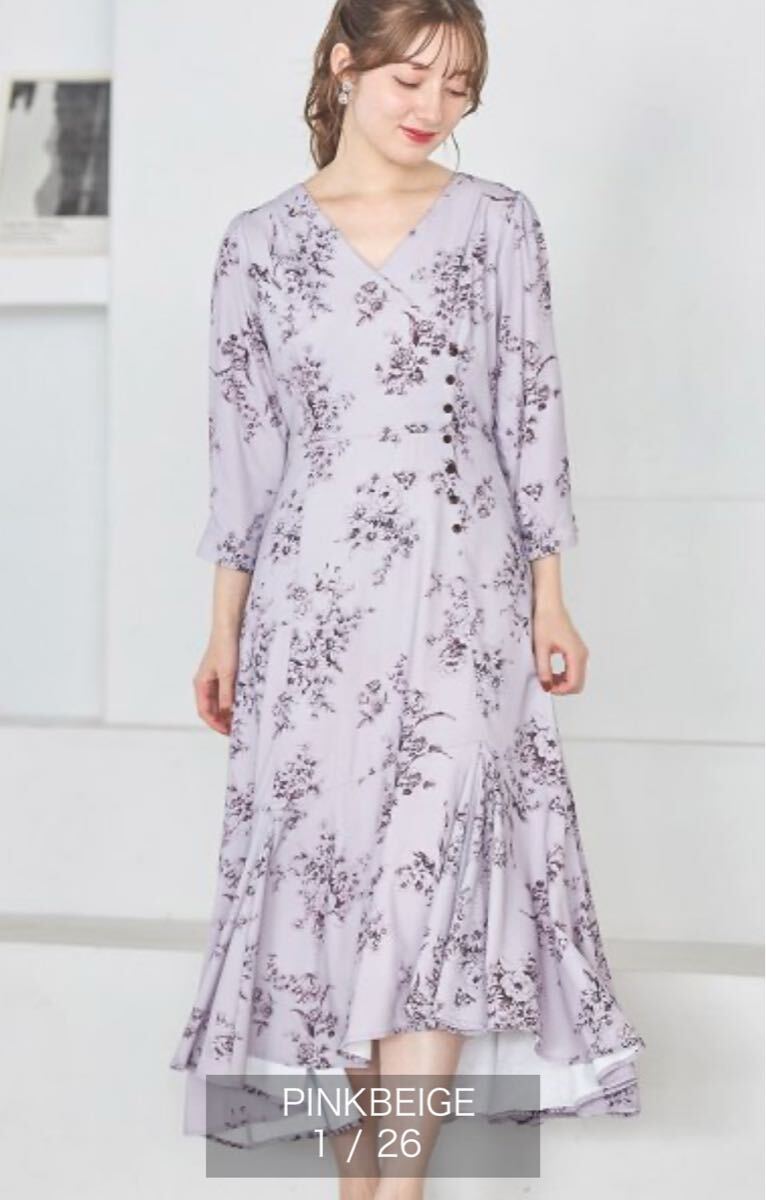未使用新品トッコクローゼット tocco closet ウエストリボン付きフラワージュイプリントカシュクールワンピース（ピンクベージュMサイズ）