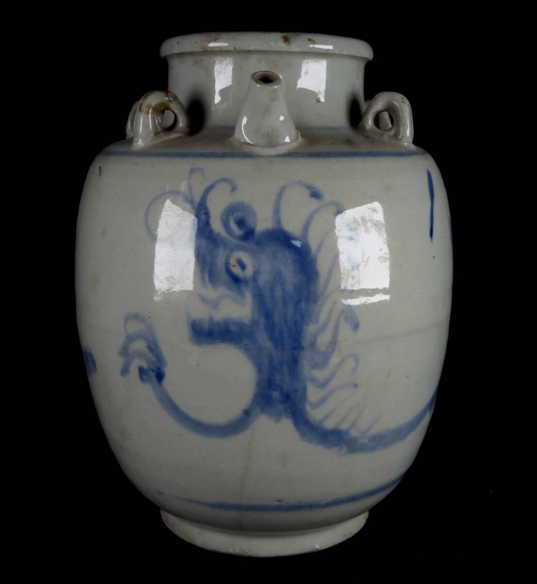 【SAKURAYA】コレクター委託品【李朝 染付龍文四耳壺】壷 酒甕 花瓶 水注 朝鮮古美術 朝鮮古陶磁器 青花 時代物 骨董品 古美術品 高さ26cm