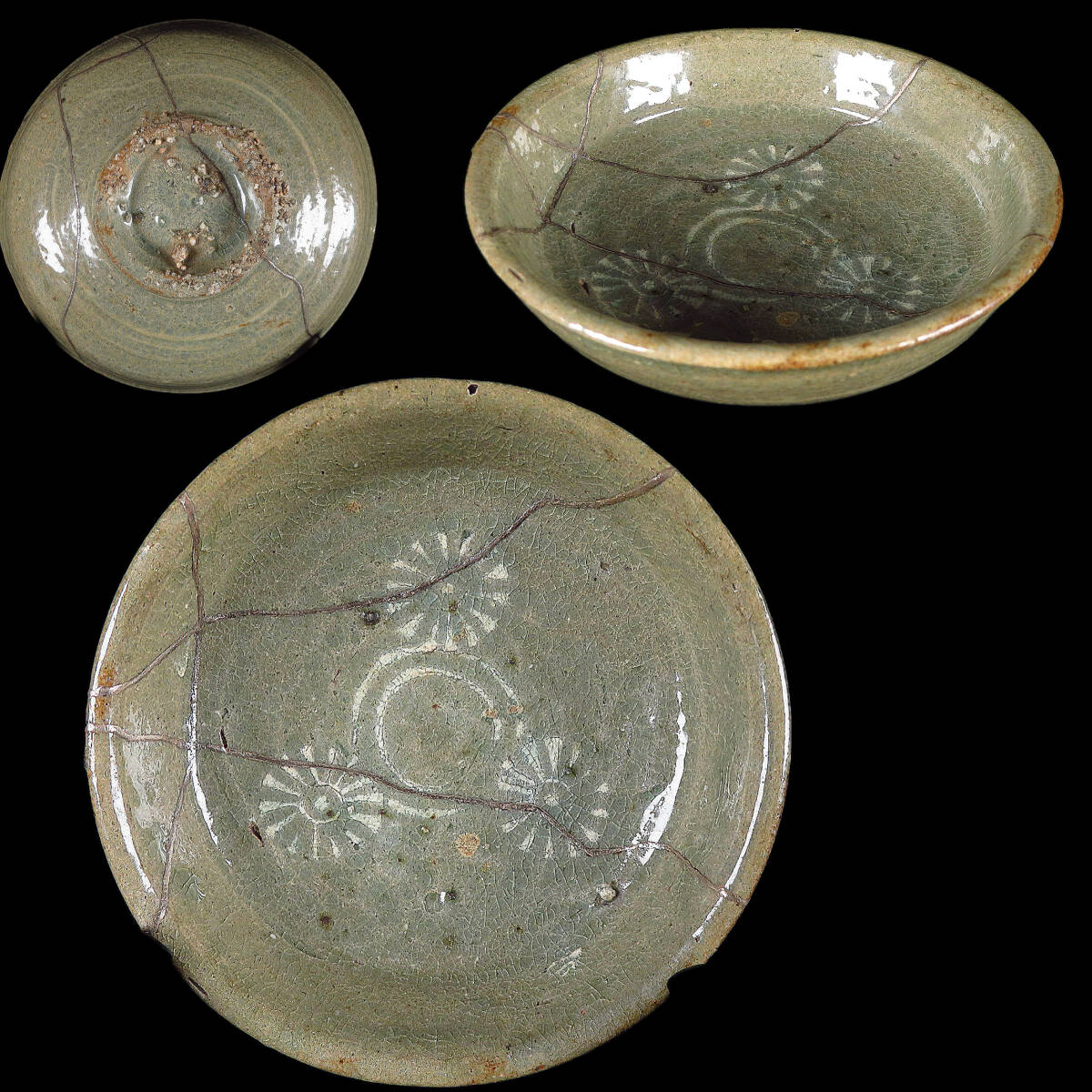 【SAKURAYA】コレクター委託品【高麗青磁 象嵌菊花文小鉢】朝鮮古美術 朝鮮古陶磁 茶道具 箱 骨董品 古美術品 直径10.8cm