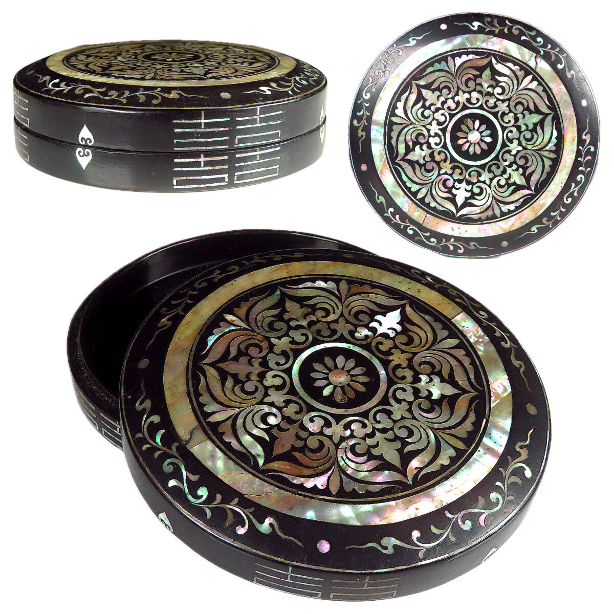 【SAKURAYA】朝鮮古美術【黒漆塗 青貝螺鈿草花双喜字文香合】細密細工 蓋物 茶道具 骨董品 古美術品 螺鈿漆器 直径9.8cm