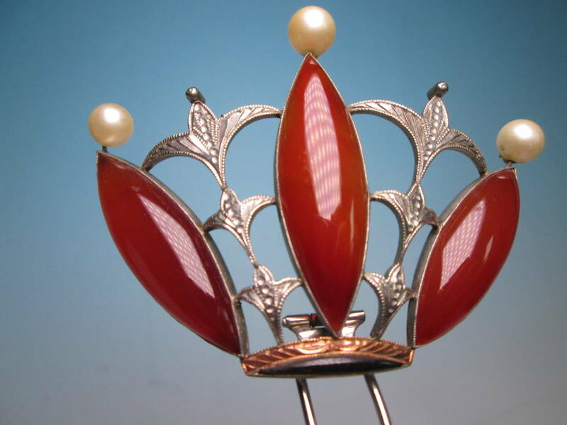 【江月】アンティーク・彫金細工 本瑪瑙/本真珠飾り 王冠のかんざし ケース付