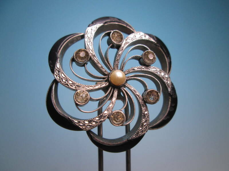 【江月】アンティーク・彫金細工 真珠飾りの風車のかんざし 11,54g