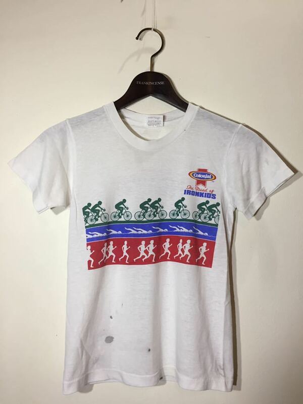 80's USA製 オールド ビンテージ old vintage stedman ステッドマン タグ Colonial プリントTシャツ 10-12 M kids boysトライアスロン