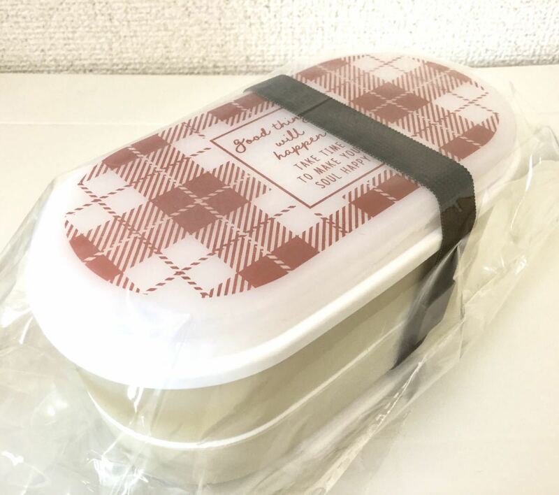 【新品】英字ロゴ “ランチボックス(赤チェック)” 箸・仕切り付き / 弁当箱