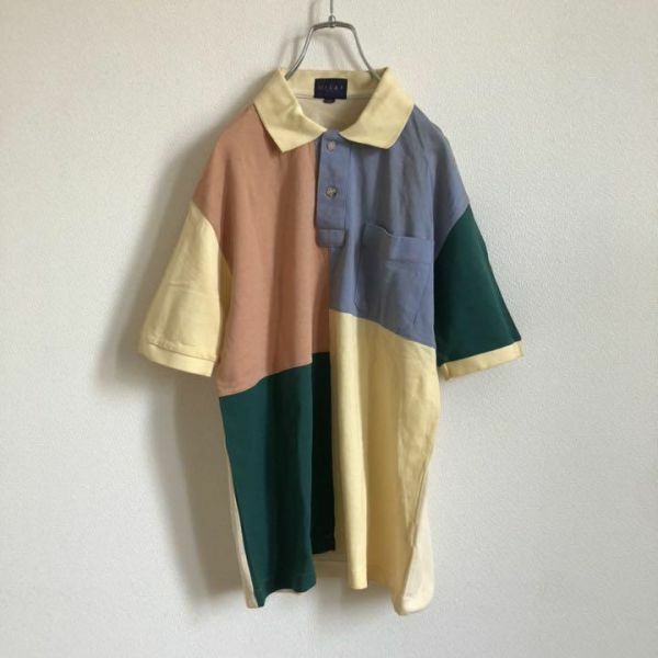 【個性派】パネルデザイン マルチカラー 半袖 ポロシャツ Mサイズ FLAT