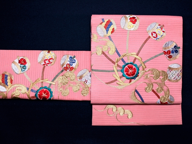 花とら●アンティーク帯　袋帯　絽　夏帯　水車　波　ピンク　刺繍　豪華　可愛い　アンティーク着物　200409