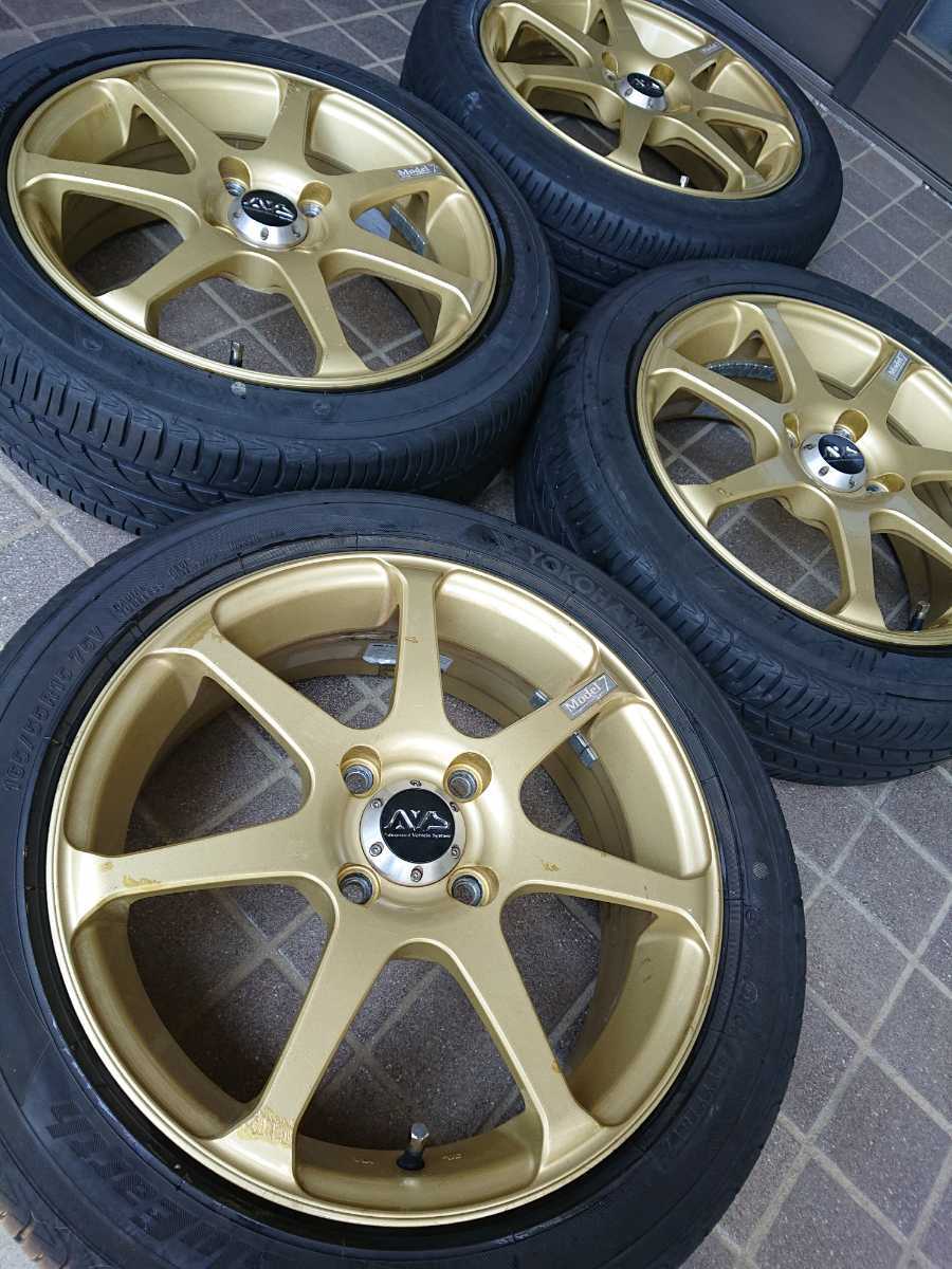 AVS Model7 ヨコハマ アルミホイール・タイヤセット 中古 165/55R15 75V 15×5.5J＋47 4H-100 15インチ4本セット BluEarth