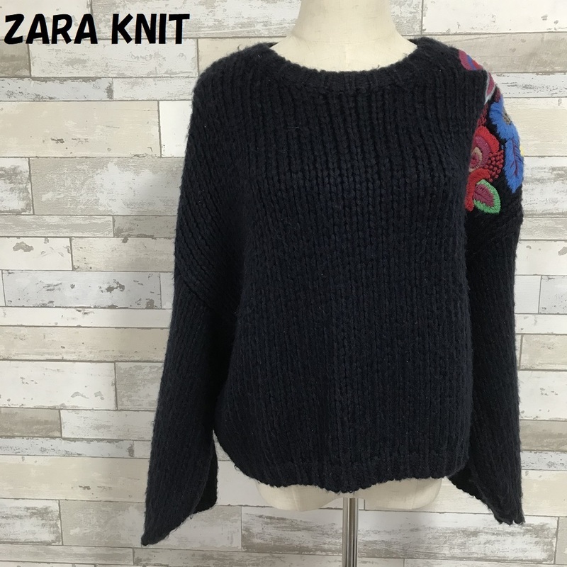 【人気】ZARA KNIT/ザラ ニット フラワー刺繍ニット ネイビー サイズS レディース/5481