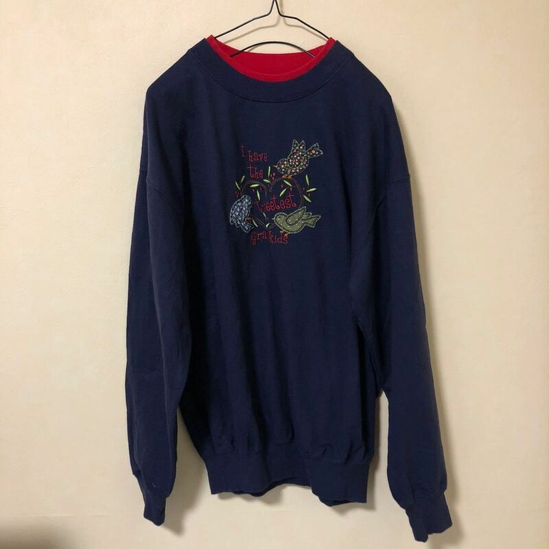 MC sportwear スウェット トレーナー 二重襟 裏起毛 長袖 刺繍 鳥 とり 花柄 ドット 赤 レッド 紺 ネイビー