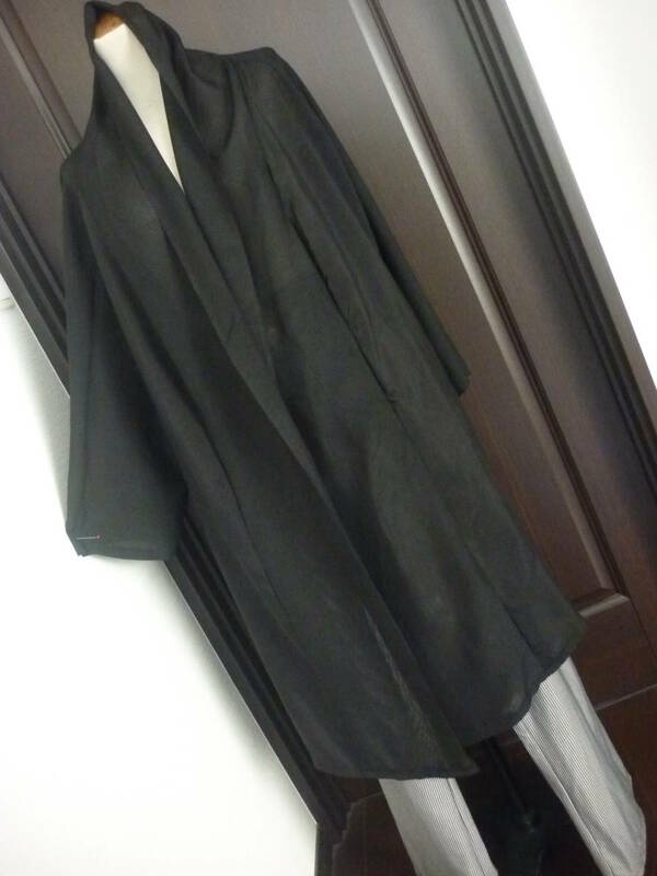 即決LL,2L,3L,4L大きいサイズ黒絽の透ける春夏コート(丈90身幅66)法事,喪服,弔,着物リメイク,コート+ワンピースでアンサンブルスーツ紋無し